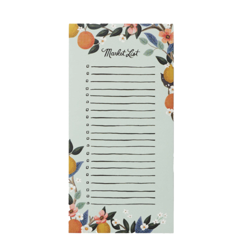 Teal Notepad with citrus and flowers as well as the title "Market List" and a lined list below.